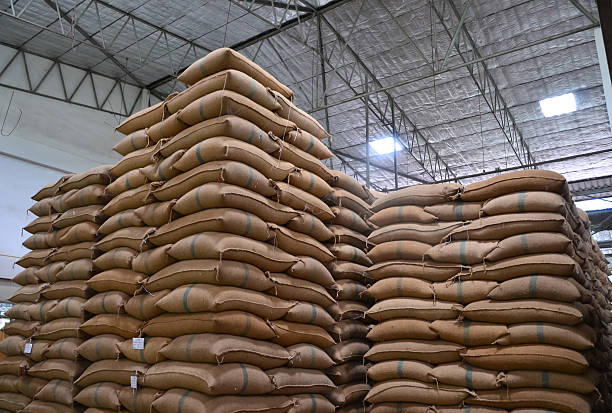 Bagged commodities stacked in warehouse